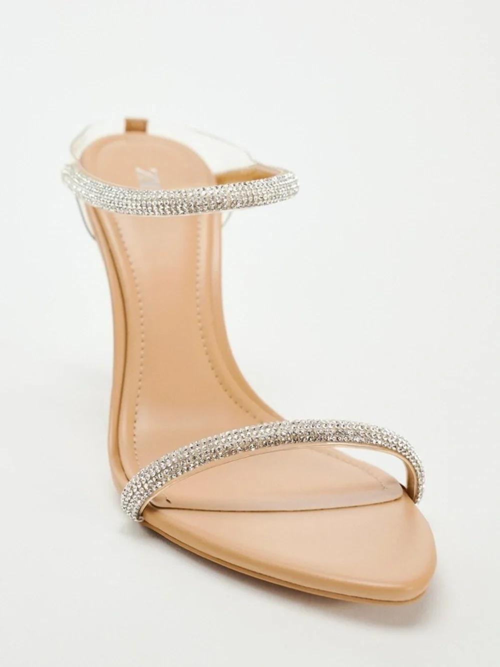 Zara HEELED SANDALS WITH RHINESTONE STRAPS. Beige. Size 6.5. New with Tags.